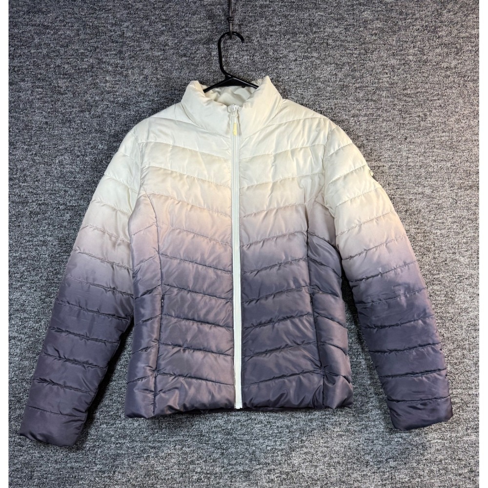 Zyia Active Women Ombre Puffer Jacket Purple Cream Chevron Quilted Size M